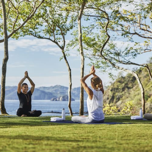 Four women practicing yoga outdoors on a grassy area near the coast, with trees and mountains in the background.