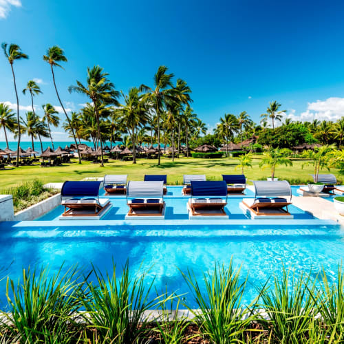 A luxurious swimming pool with several lounge chairs overlooking a tropical landscape with tall palm trees and thatched-roof huts.