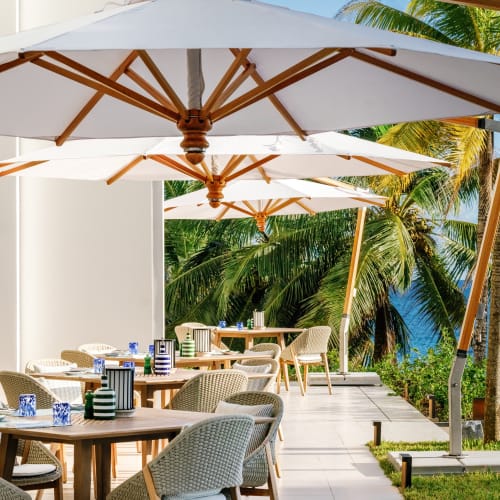 Outdoor dining area with round wooden tables, wicker chairs, white umbrellas, palm trees, and a view of the ocean under blue sky.