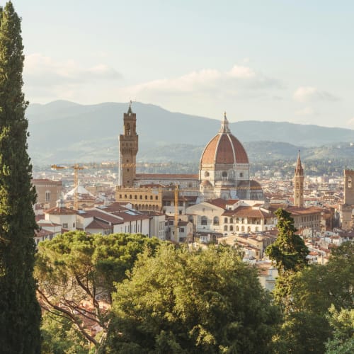 Panoramablick auf Florenz, Italien, mit der ikonischen Kuppel des Florentiner Doms und dem Turm des Palazzo Vecchio vor einem Hintergrund von Hügeln und klarem Himmel, im Vordergrund grüne Bäume.
