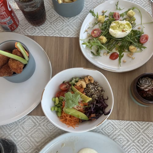 Ein Mittagessen auf einem Holztisch mit verschiedenen Gerichten, darunter ein Teller mit Fisch, cremiger Soße und Spinat, eine Schale mit verschiedenen Gemüsen und Nüssen, ein Salatteller mit Käse, Cherrytomaten und Grünzeug, eine Schale Pommes Frites, ein kleiner Behälter mit frittiertem Essen und Selleriestangen, ein Glas Cola mit Strohhalm und eine Dose Cola.