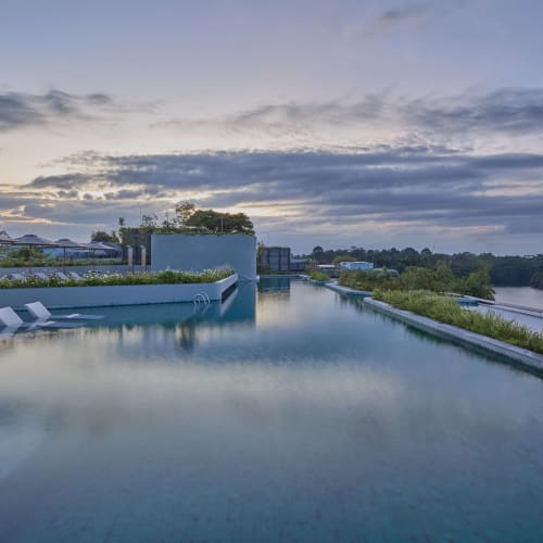 Ein Infinity-Außenpool im Mandai Rainforest Resort von Banyan Tree bei Dämmerung mit teilweise im Wasser versunkenen Liegestühlen und malerischem Blick auf umliegendes Grün und Fluss.