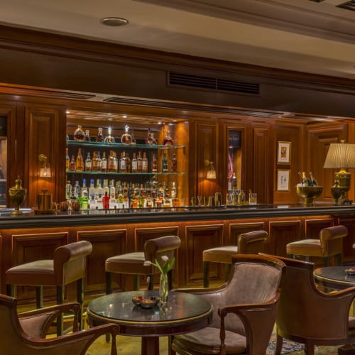 Ein eleganter Barbereich mit dunklem Holzmobiliar, einer barförmigen Theke mit beleuchteter Glasregalregal, das Spirituosen zeigt, und mehreren bequemen Stühlen und Tischen.
