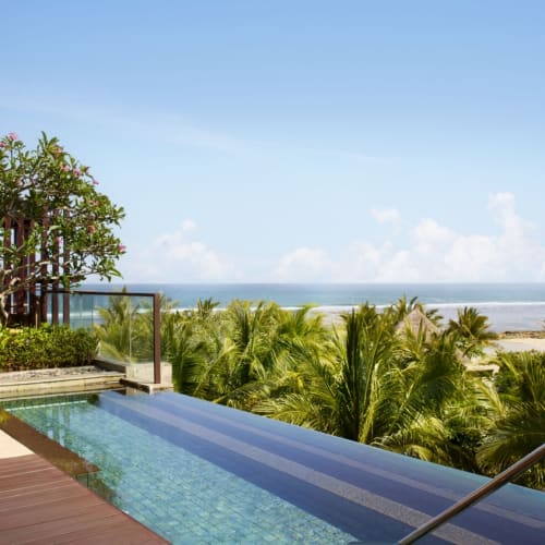 Infinity pool on a wooden deck overlooking lush palm trees and the ocean under a clear blue sky at a luxury villa.