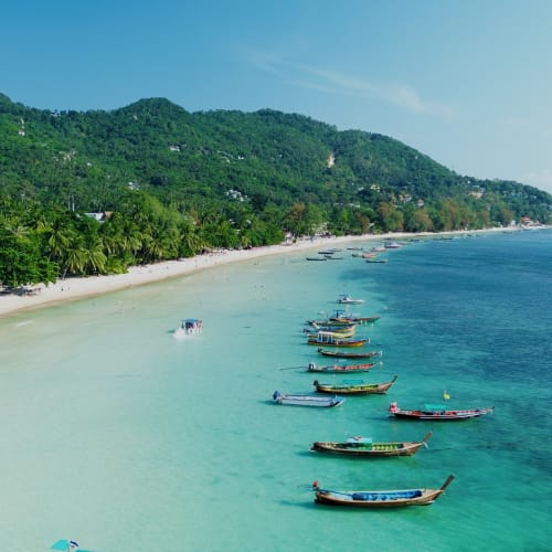 A tropical beach with clear turquoise water and multiple traditional wooden long-tail boats lined up near the shore, backed by green forested hills under a clear blue sky.
