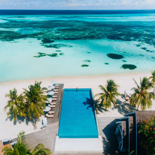 Luftaufnahme eines rechteckigen Infinity-Pools mit Blick auf einen weißen Sandstrand mit Palmen und türkisfarbenem Meer im Hintergrund.