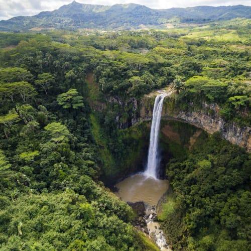 Ein hoher Wasserfall fließt in einen üppigen grünen Wald in einer bergigen Landschaft.