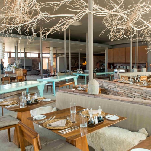 Elegant restaurant interior with wooden tables set for dining, decorative white branches hanging from the ceiling, and a cozy, modern ambiance in Tierra Atacama, Chile.