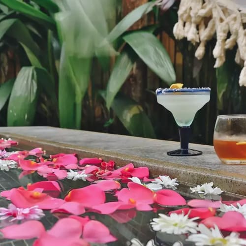 Zwei Cocktails auf einer Steintreppenstufe neben einem Pool, dekoriert mit Blütenblättern und Blumen, mit üppigen grünen Pflanzen im Hintergrund.