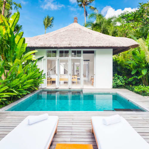 A tropical villa with a swimming pool surrounded by lush green plants and a thatched-roof building in the background.