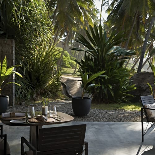 Freiluft-Gartenessbereich mit Topfpflanzen und tropischer Vegetation im Hintergrund.