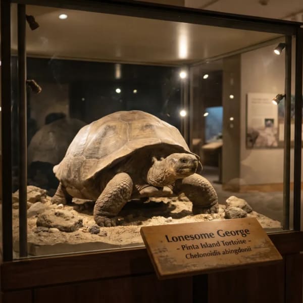 Aufgebahrtes Exemplar von Lonesome George, einer Schildkröte von der Pinta-Insel, in einer Glaskabine im Museum ausgestellt.