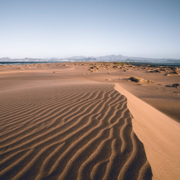 Gewellte Sanddünen unter klarem blauem Himmel nahe der Küste mit einer entfernten Bergkette am Horizont in La Paz, Mexiko.