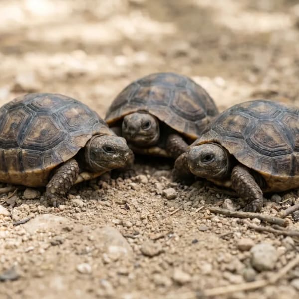 Drei junge Galapagos-Schildkröten auf sandigem Boden nah beieinander in einem Gehege oder natürlichem Lebensraum.
