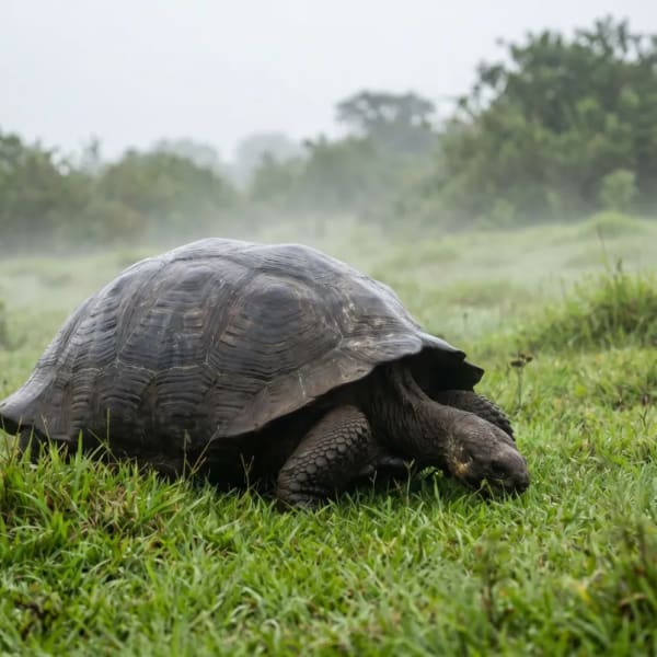 Eine Galapagos-Riesenschildkröte ruht auf sattem grünem Gras in einer nebligen natürlichen Umgebung mit unscharfen Bäumen im Hintergrund.