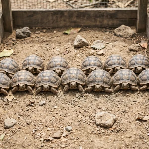 Eine Gruppe junger Galapagos-Schildkröten, angeordnet in zwei Reihen innerhalb eines eingezäunten Geheges auf trockenem Boden.