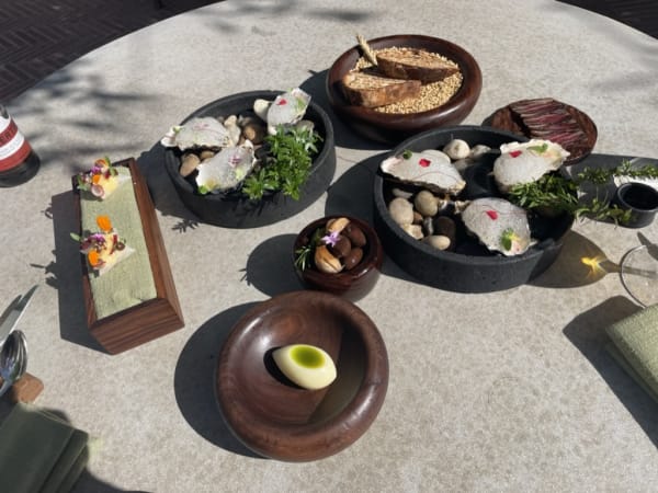 A variety of small, artfully arranged dishes on a circular table outdoors, with shadows from nearby trees.