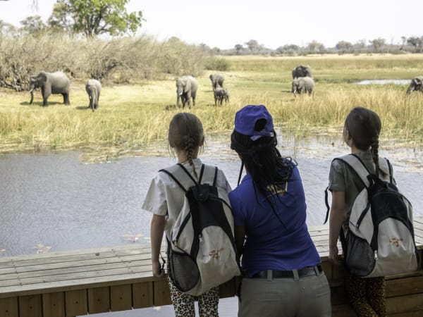 A woman and two girls with backpacks observing elephants near a waterhole in Botswana.