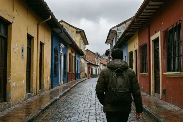 Reisende mit warmer Jacke in der Altstadt von Bogota bei bewoelktem Wetter