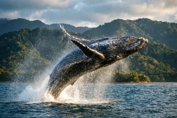 Buckelwal springt aus dem Wasser nahe einer bewaldeten Küste mit Bergen im Hintergrund in Costa Rica.