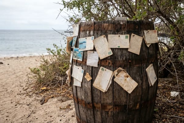 Ein großes hölzernes Fass an einem Sandstrand nahe dem Ozean, an dem zahlreiche alte Postkarten und Briefe befestigt sind, umgeben von Büschen.