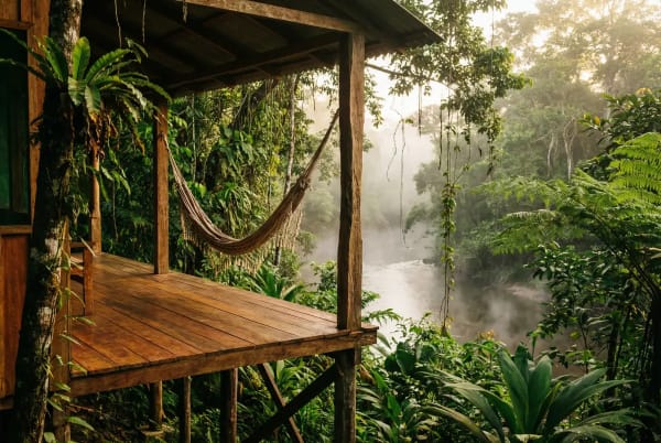 Veranda einer Amazonas Lodge auf Stelzen im Regenwald bei Manaus mit Blick in den gruenen Dschungel