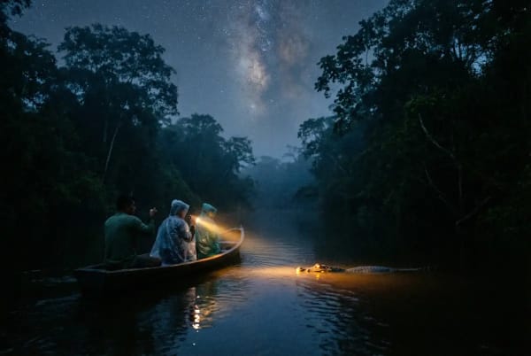 Nachtsafari im Amazonas-Regenwald bei Manaus — Kaiman-Spotting mit Taschenlampe vom Boot aus
