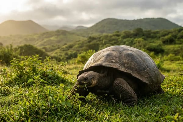 Galapagos-Riesenschildkroete im gruenen Hochland von Santa Cruz — freilaufend auf einer Weide im El Chato Reservat