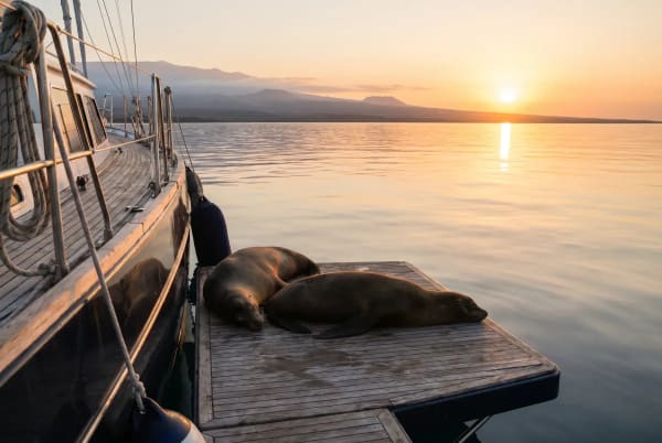 Zwei Seelöwen ruhen auf einem Holzsteg neben einem Segelboot während des Sonnenuntergangs mit Bergen im Hintergrund über ruhig wirkendem Wasser.