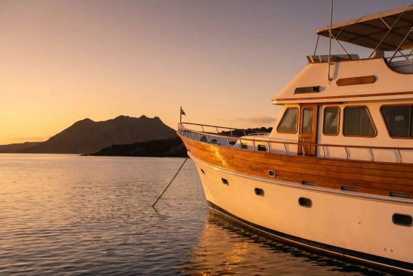 Eine Yacht am Anker nahe bergigem Land bei Sonnenuntergang mit warmem Licht, das sich auf Wasser und Boot spiegelt.