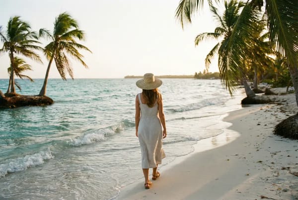 Leichte Sommerkleidung und Sonnenhut am tuerkisblauen Karibikstrand bei Cartagena