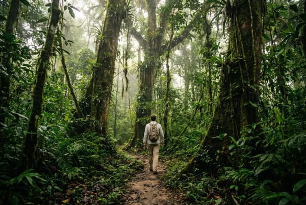 Helle Langarmkleidung und Mueckenschutz-Ausruestung im Amazonas-Regenwald bei Leticia