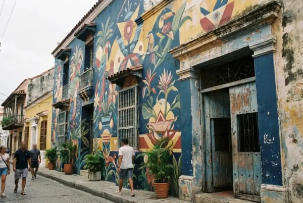 Großflächiges buntes Street-Art-Mural an einer Hauswand im Viertel Getsemaní — Cartagenas kreativem Hotspot