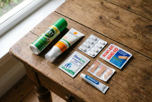 Verschiedene Reiseapothekenartikel wie Sonnencreme, Insektenschutzspray, Medikamentenblister, Pflaster, Elektrolytpulver und Salbe auf einem Holztisch nahe einem Fenster angeordnet.