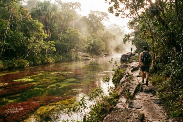 Wanderer auf Felsweg entlang des Caño Cristales mit buntem Flussbett und tropischer Vegetation