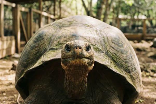 Riesenschildkroete in der Charles Darwin Research Station auf Santa Cruz — Nahaufnahme eines adulten Tieres in der Zuchtstation