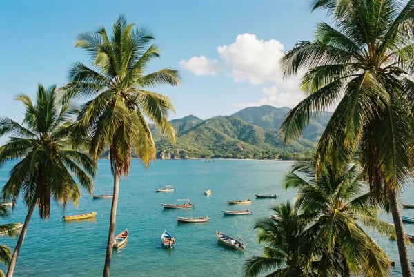 Bucht von Santa Marta mit Palmen und türkisfarbenem Karibischen Meer