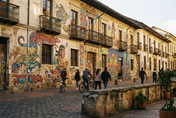 Bunte Wandmalereien und Street Art an den Häusern des Viertels La Candelaria in Bogotá
