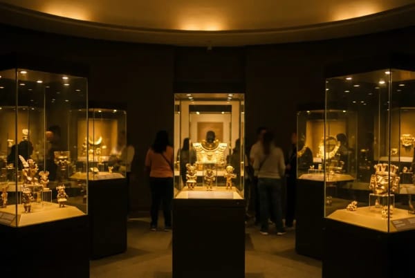 Goldene Muisca-Figuren im Goldmuseum Bogotá — bedeutendstes Museum für präkolumbische Goldkunst weltweit