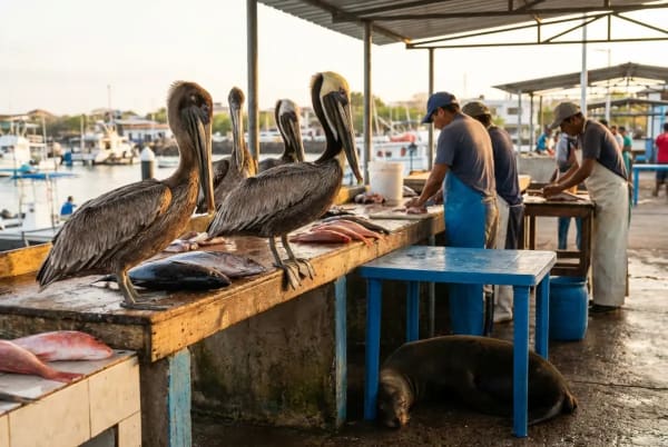 Pelikane und Seeloewen am Fischmarkt von Puerto Ayora auf Santa Cruz, Galapagos-Inseln