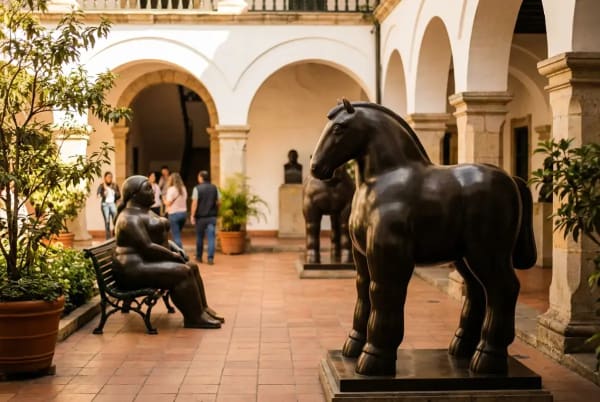 Fernando Botero Skulpturen im Freiluftbereich des Museo Botero in Bogotá