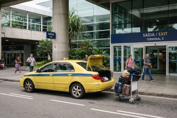 Gelbes Taxi mit geöffnetem Kofferraum vor dem Eingang des Flughafenterminals mit der Aufschrift 'Saída / Exit Terminal 2', während Reisende mit Gepäck vorbeigehen.