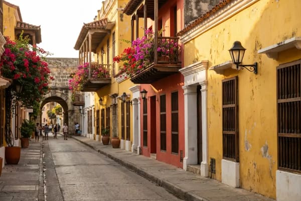 Kanariengelbe und korallenrote Kolonialfassaden mit blühendem Bougainvillea in einer Gasse der Ciudad Amurallada in Cartagena de Indias