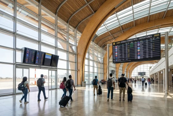 Passagiere mit Gepäck gehen im hellen und großzügigen Abflugterminal des internationalen Flughafens Lima Jorge Chavez, mit großen hölzernen Bögen und mehreren Fluganzeigetafeln.