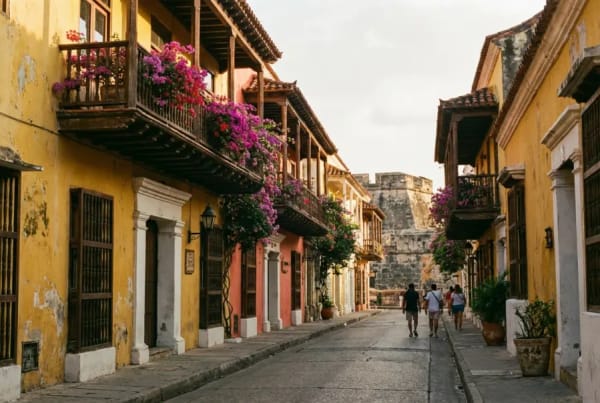 Sonniger Karibikstrand vor den historischen Festungsmauern von Cartagena de Indias waehrend der Trockenzeit in Kolumbien