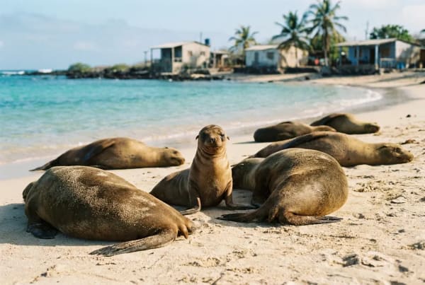 Galapagos-Seeloewen am Playa Mann Strand in Puerto Baquerizo Moreno, San Cristobal