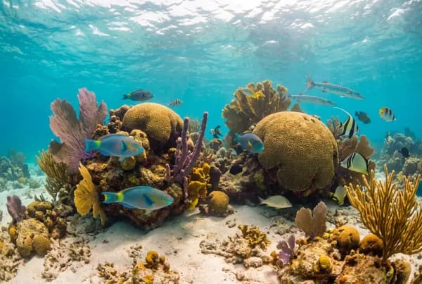 Buntes Korallenriff mit tropischen Fischen im tuerkisblauen Karibikwasser vor San Andres — Tauchen Kolumbien Karibik