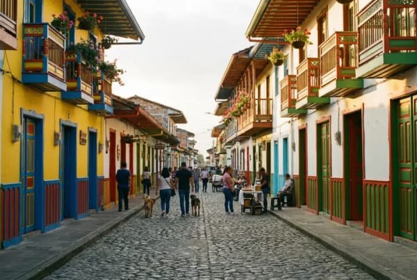 Bunte koloniale Bahareque-Häuserfassaden in der Calle Real von Salento in der Kaffeeregion Kolumbien