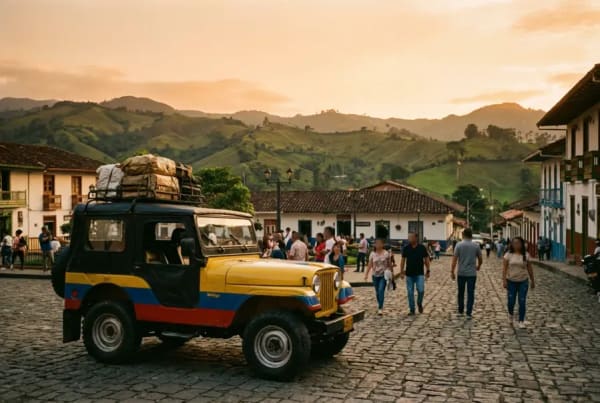 Bunter Willys-Jeep auf dem Hauptplatz von Salento vor grüner Berglandschaft im Eje Cafetero Kolumbien
