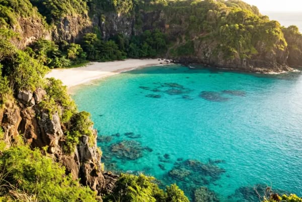 Kristallklares tuerkises Wasser und Felsformationen an der Baia do Sancho auf Fernando de Noronha
